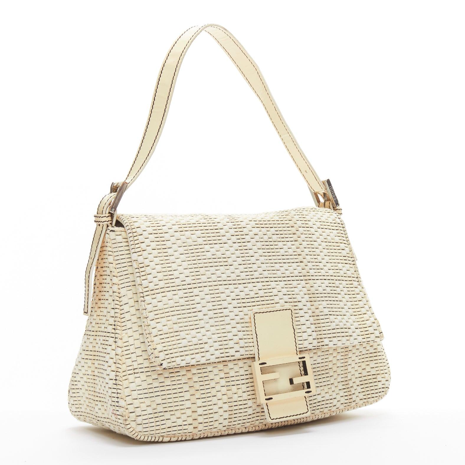 FENDI Vintage Mamma Baguette cream FF Zucca woven fabric underarm bag In Fair Condition For Sale In Hong Kong, NT