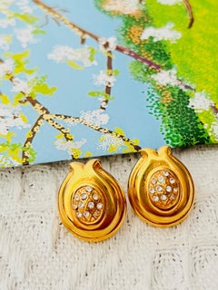 Fendi Vintage Oval Crystals Leaf Flower Pineapple Fruit Gold Pierced Earrings