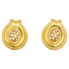 Fendi Vintage Oval Crystals Leaf Flower Pineapple Fruit Gold Pierced Earrings