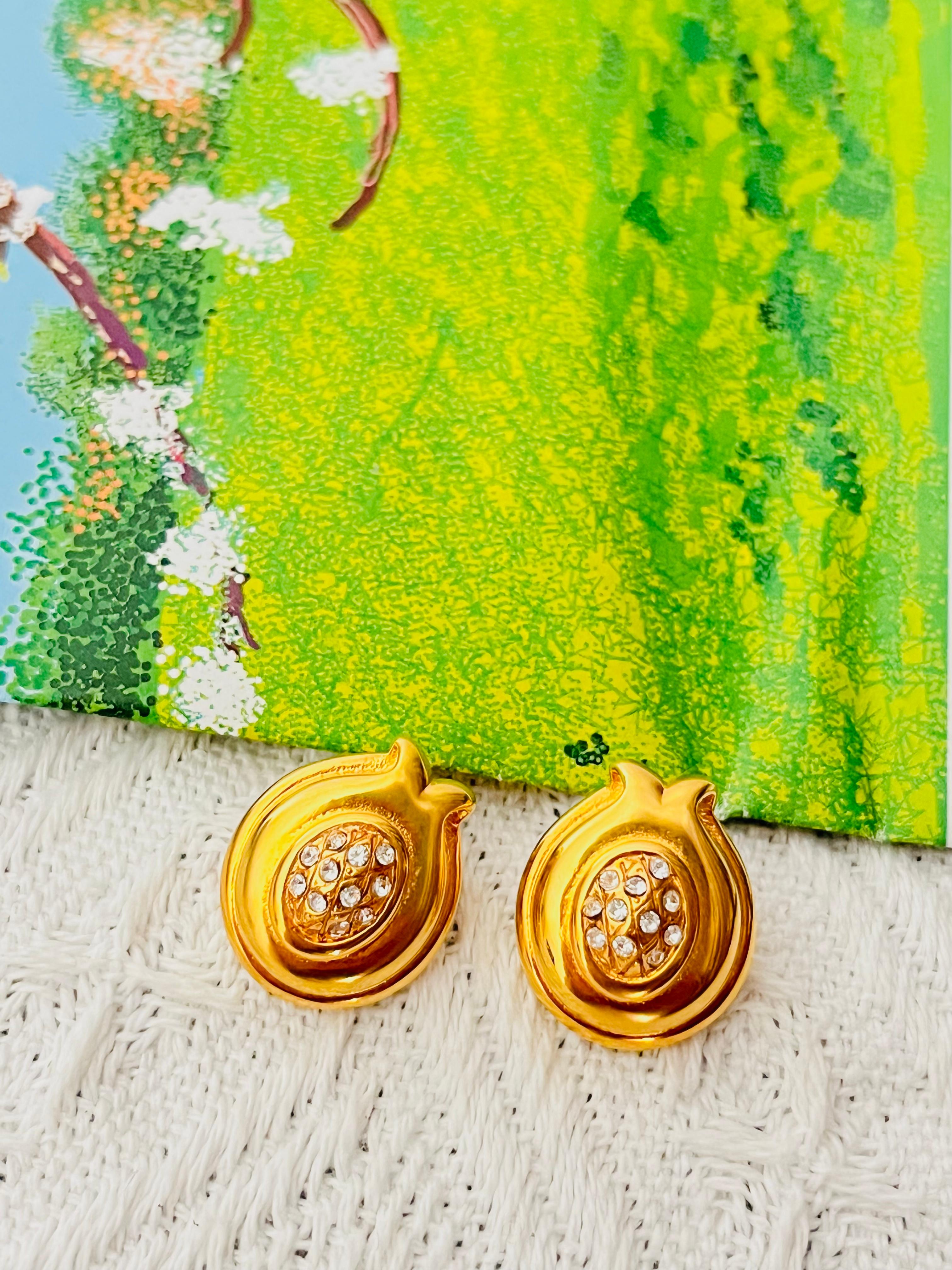 Art Deco Fendi Vintage Oval Crystals Leaf Flower Pineapple Fruit Gold Pierced Earrings For Sale