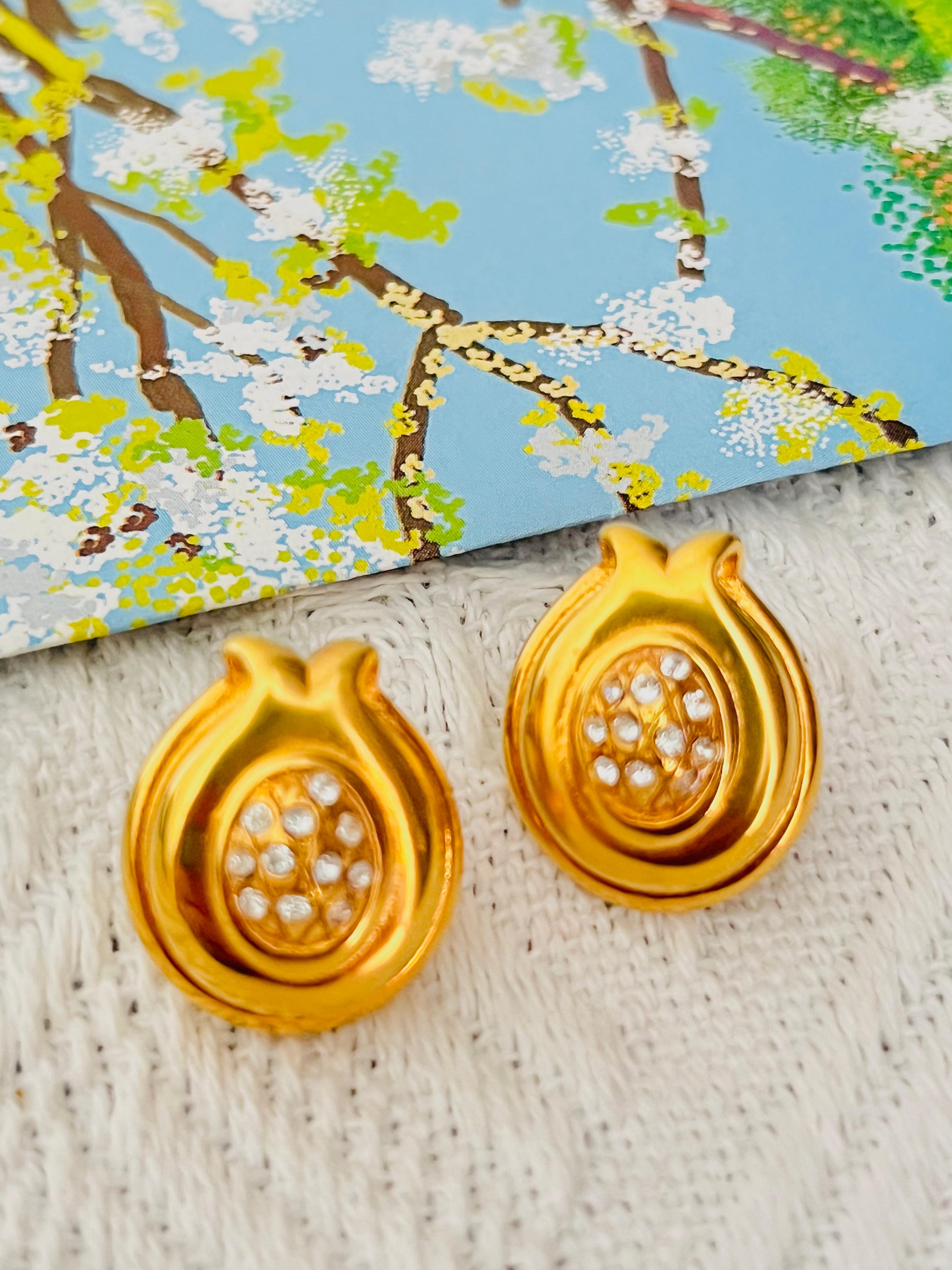 Fendi Vintage Oval Crystals Leaf Flower Pineapple Fruit Gold Pierced Earrings In Excellent Condition For Sale In Wokingham, England