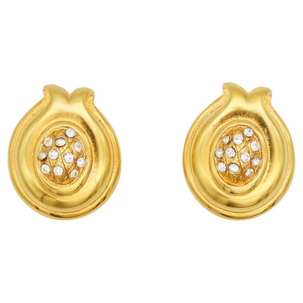 Fendi Vintage Oval Crystals Leaf Flower Pineapple Fruit Gold Pierced Earrings For Sale