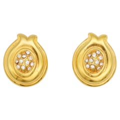 Fendi Vintage Oval Crystals Leaf Flower Pineapple Fruit Gold Pierced Earrings