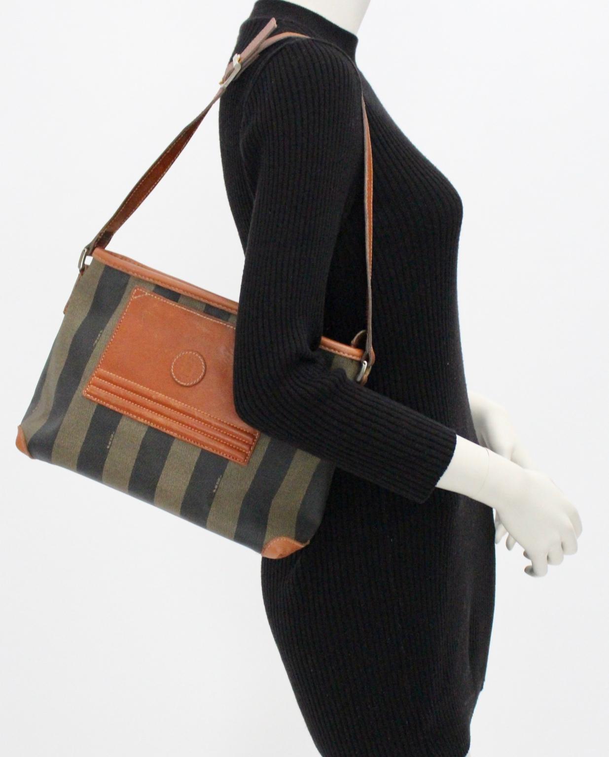 Brown Fendi Vintage Pequin Coated Canvas Shoulder Bag 1970s Italy For Sale