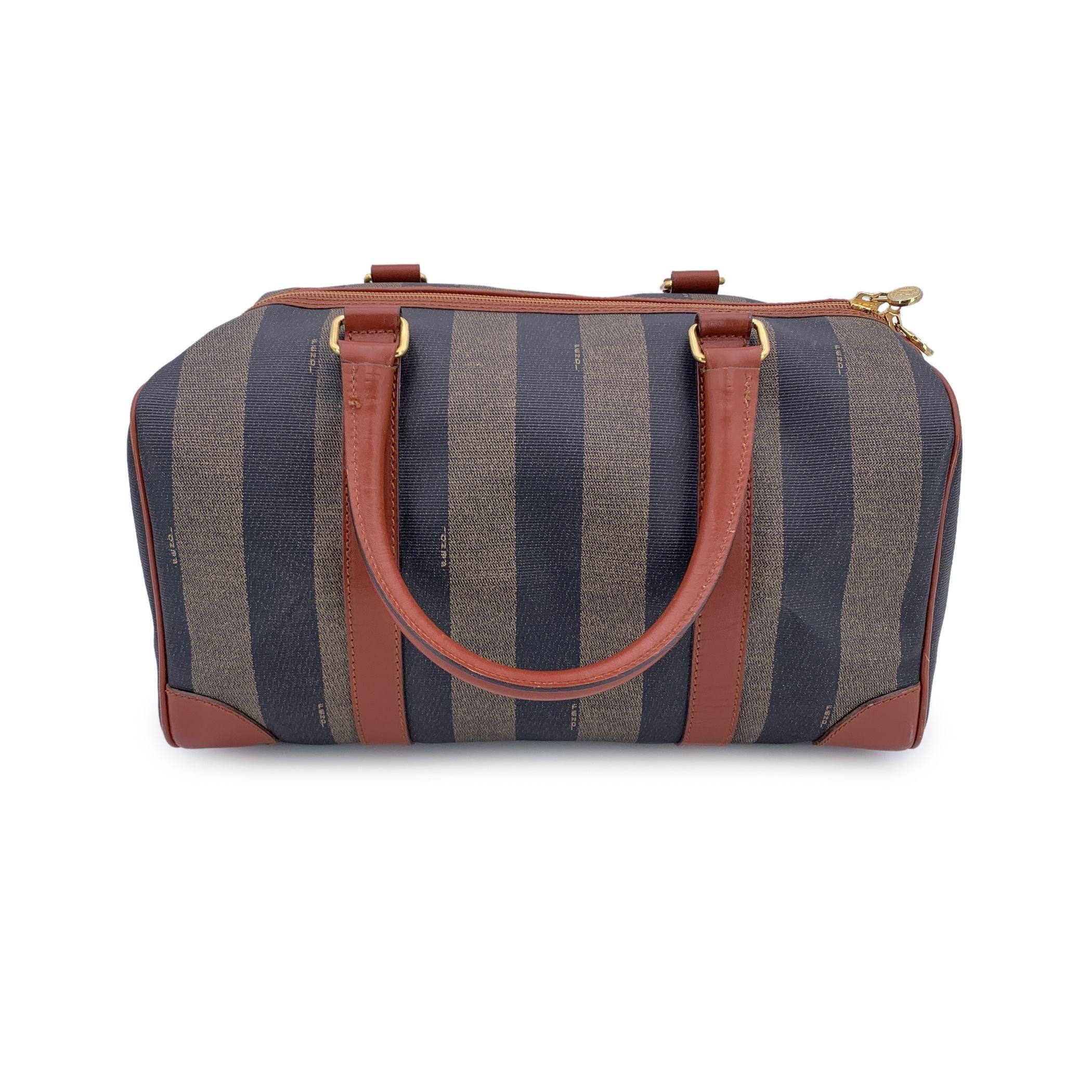 Black Fendi Vintage Pequin Striped Canvas Brown Leather Boston Bag For Sale
