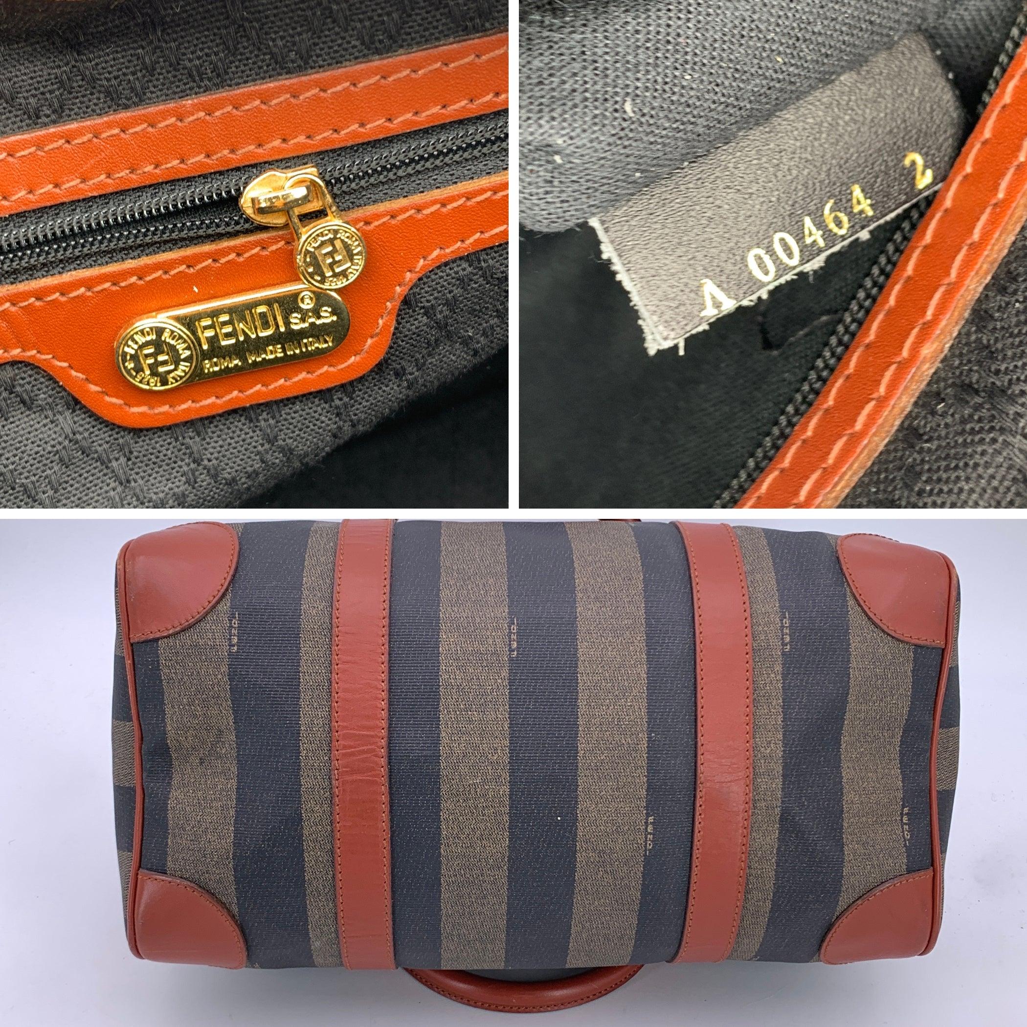 Fendi Vintage Pequin Striped Canvas Brown Leather Boston Bag In Good Condition For Sale In Rome, Rome