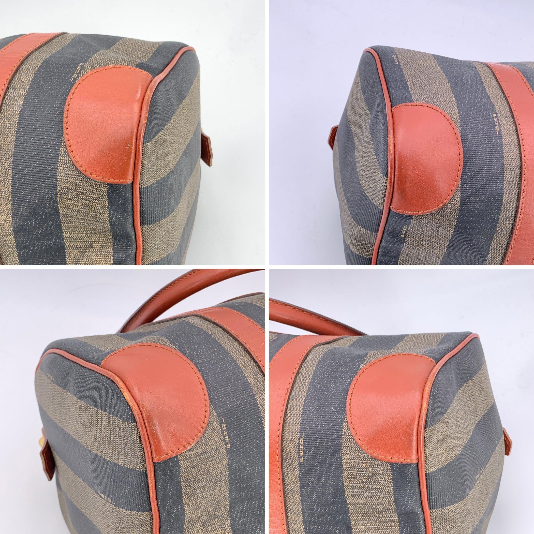 Fendi Vintage Pequin Striped Canvas Brown Leather Boston Bag For Sale 1