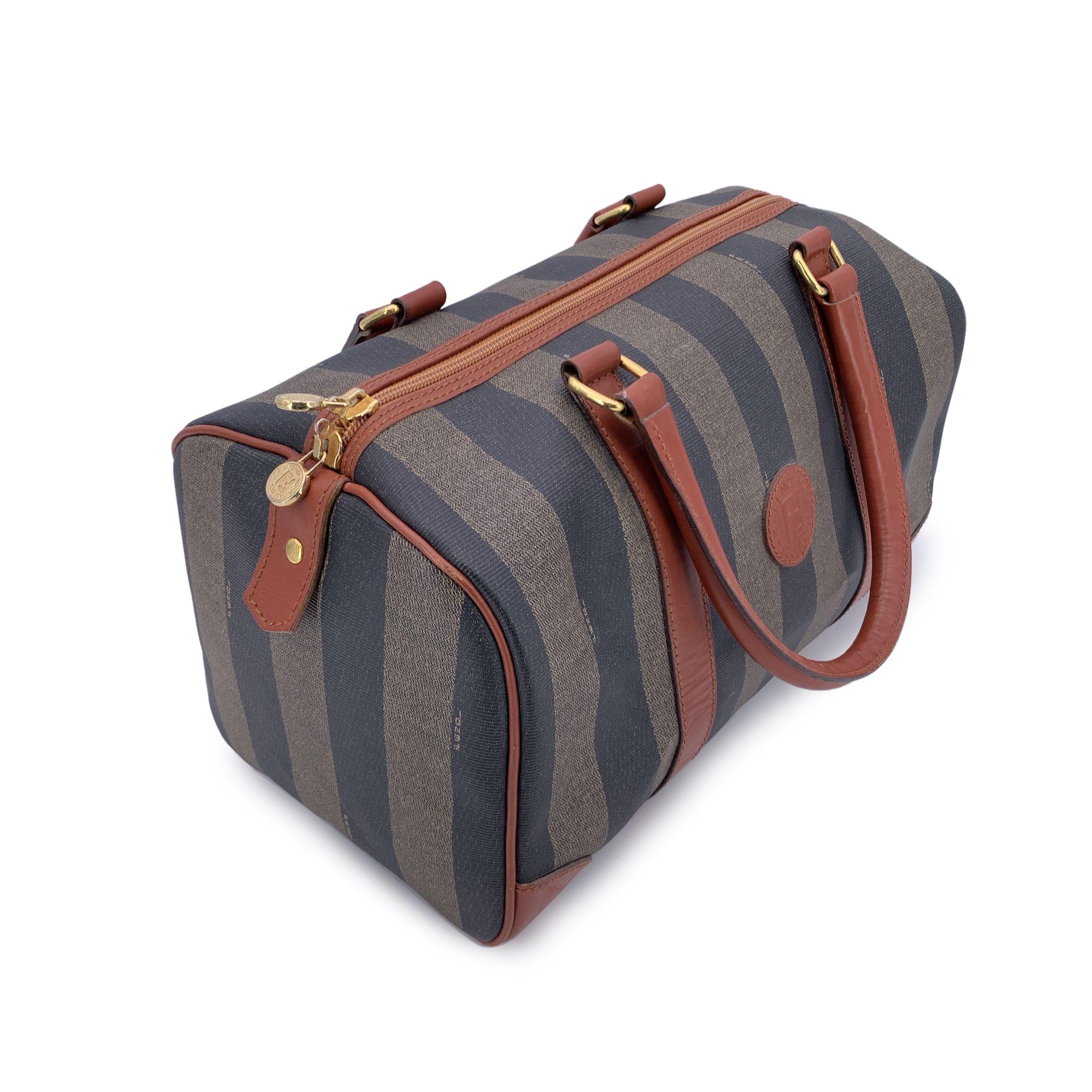 Fendi Vintage Pequin Striped Canvas Brown Leather Boston Bag For Sale 2