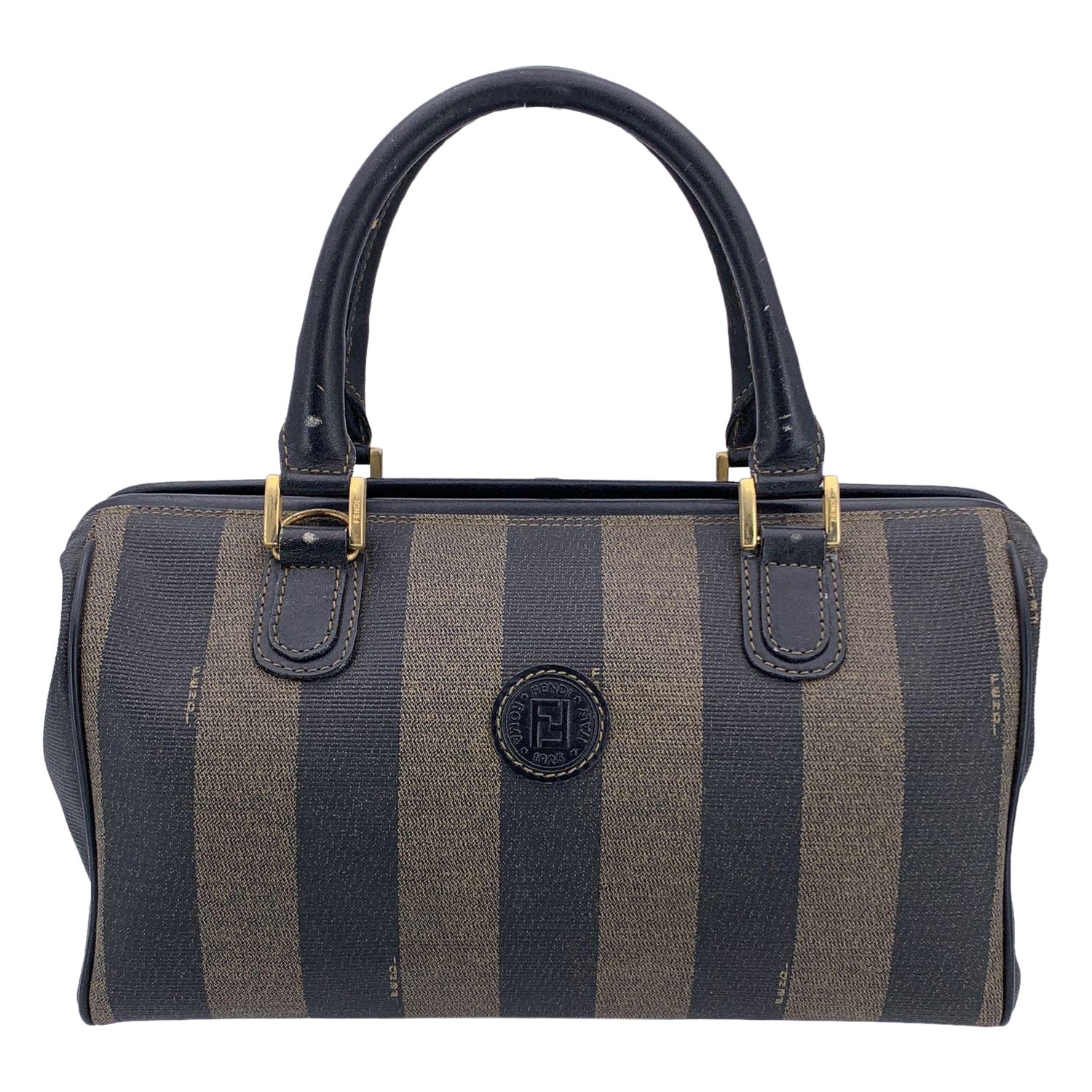 Fendi Vintage Pequin Gestreiftes Segeltuch Kleine Boston Tasche Schwarz