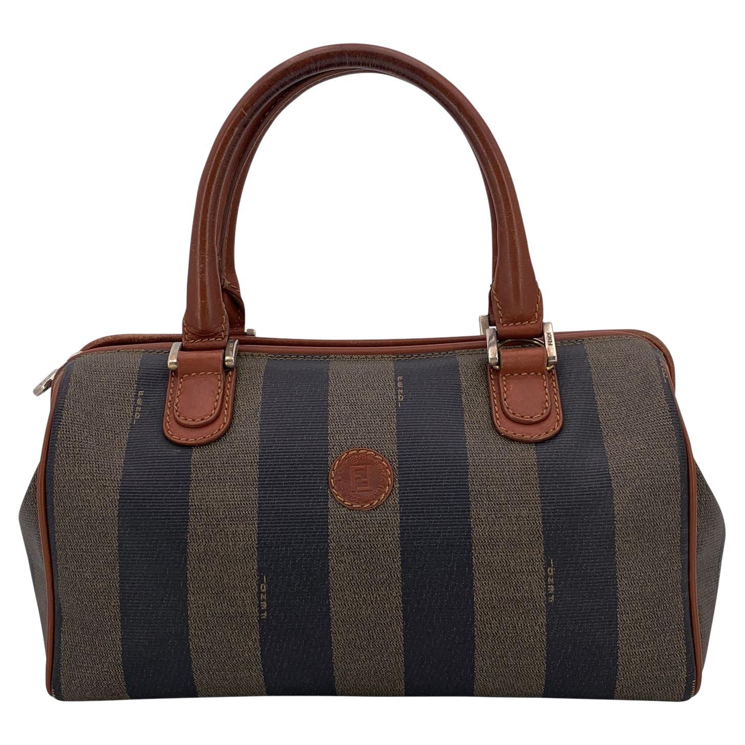 Fendi Vintage Pequin Striped Canvas Petit sac Boston Brown en vente