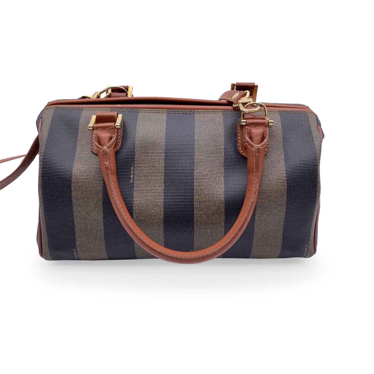 Fendi Vintage Pequin Striped Vinyl Canvas Small Boston Bag with Strap In Excellent Condition In Rome, Rome