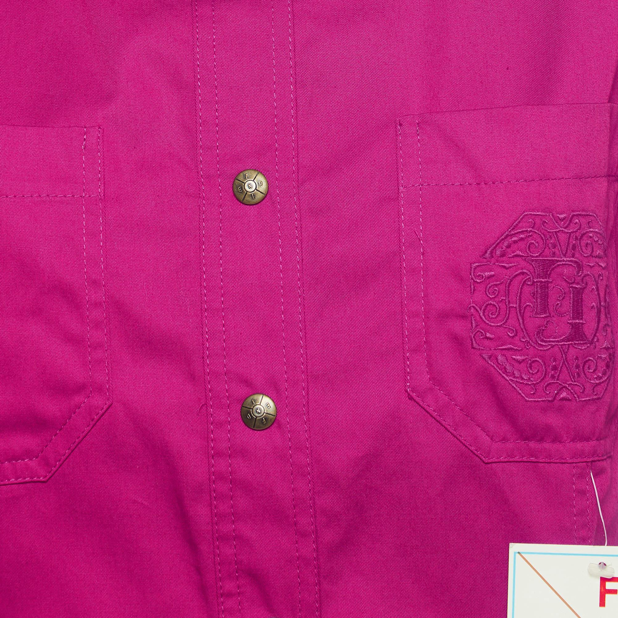 Fendi Vintage Pink Logo Embroidered Cotton Buttoned Midi Dress L In Good Condition For Sale In Dubai, Al Qouz 2