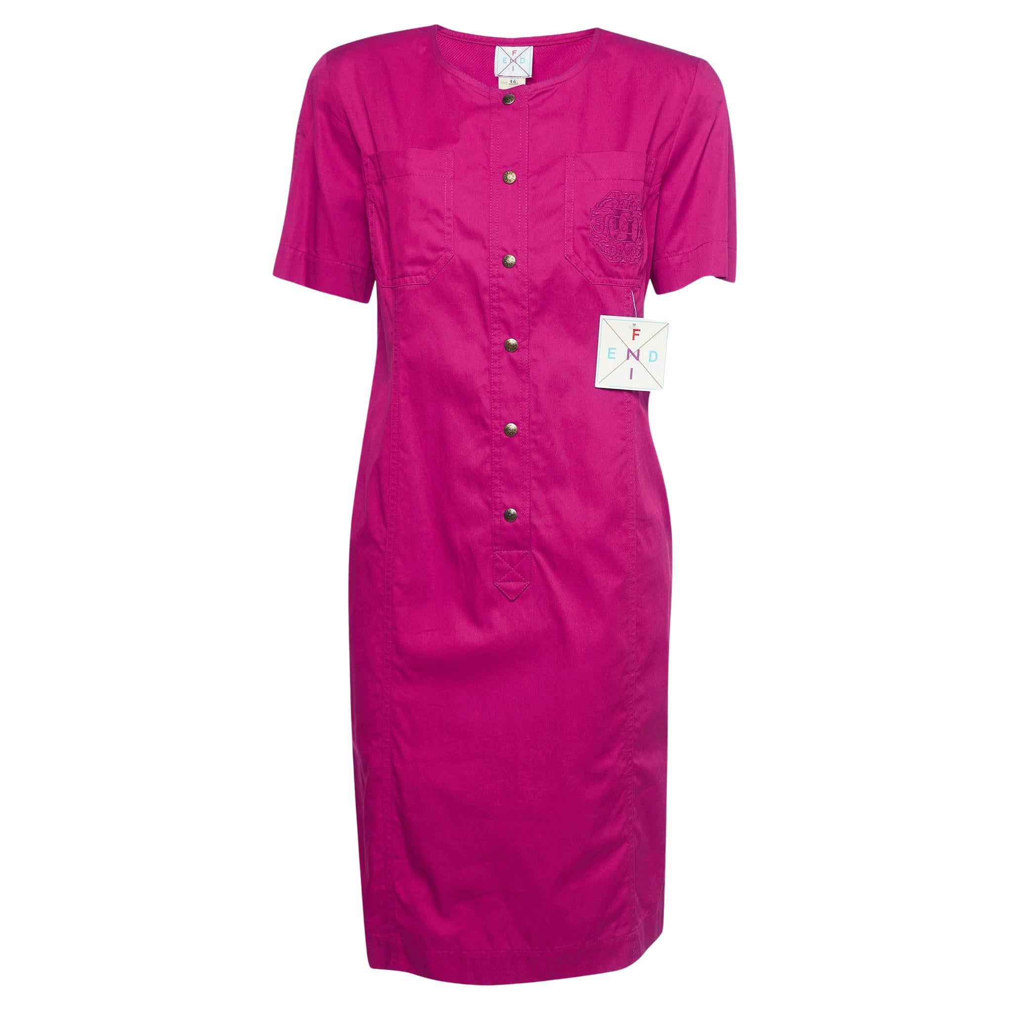 Fendi Vintage Pink Logo Embroidered Cotton Buttoned Midi Dress L For Sale