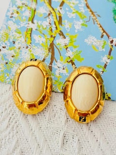 Fendi Vintage Rare Gold Asymmetric Fendista FF Oval Statement Cabochon Earrings