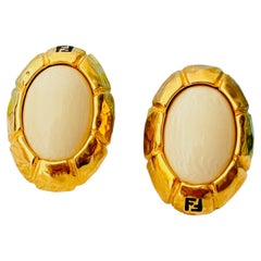 Fendi Vintage Rare Gold Asymmetric Fendista FF Oval Statement Cabochon Earrings