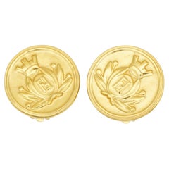 Fendi Vintage Rare Gold Crown Crest Fendista Insignia Roma 1925 Round Earrings