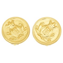 Fendi Vintage Rare Gold Crown Crest Fendista Insignia Roma 1925 Round Earrings