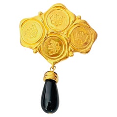 Fendi Vintage Rare Gold Fendista Four Crest insignia Crown Black Drop Brooch