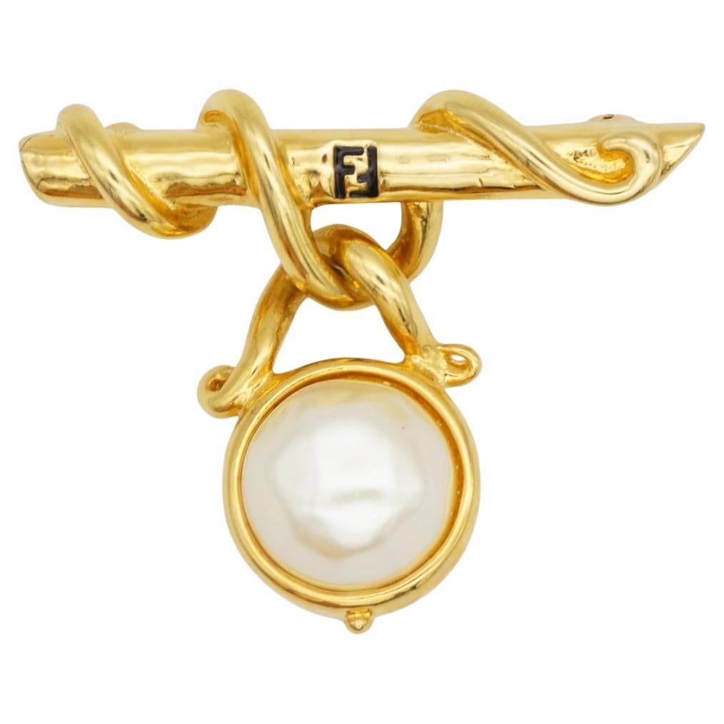 Fendi Vintage Rare Unisex Fendista Black Logo White Pearl Dangle Vine Brooch For Sale