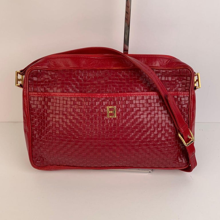 Fendi Vintage Red Woven Leather Messenger Crossbody Bag For Sale at 1stDibs
