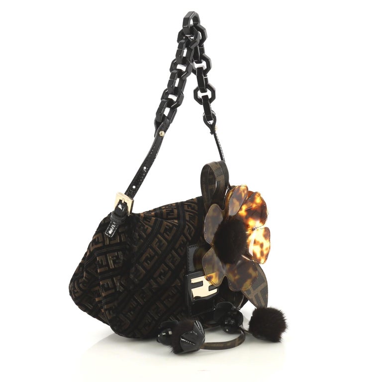 Fendi Vintage Resin Flap Bag Zucca Velvet with Fur Applique at 1stDibs