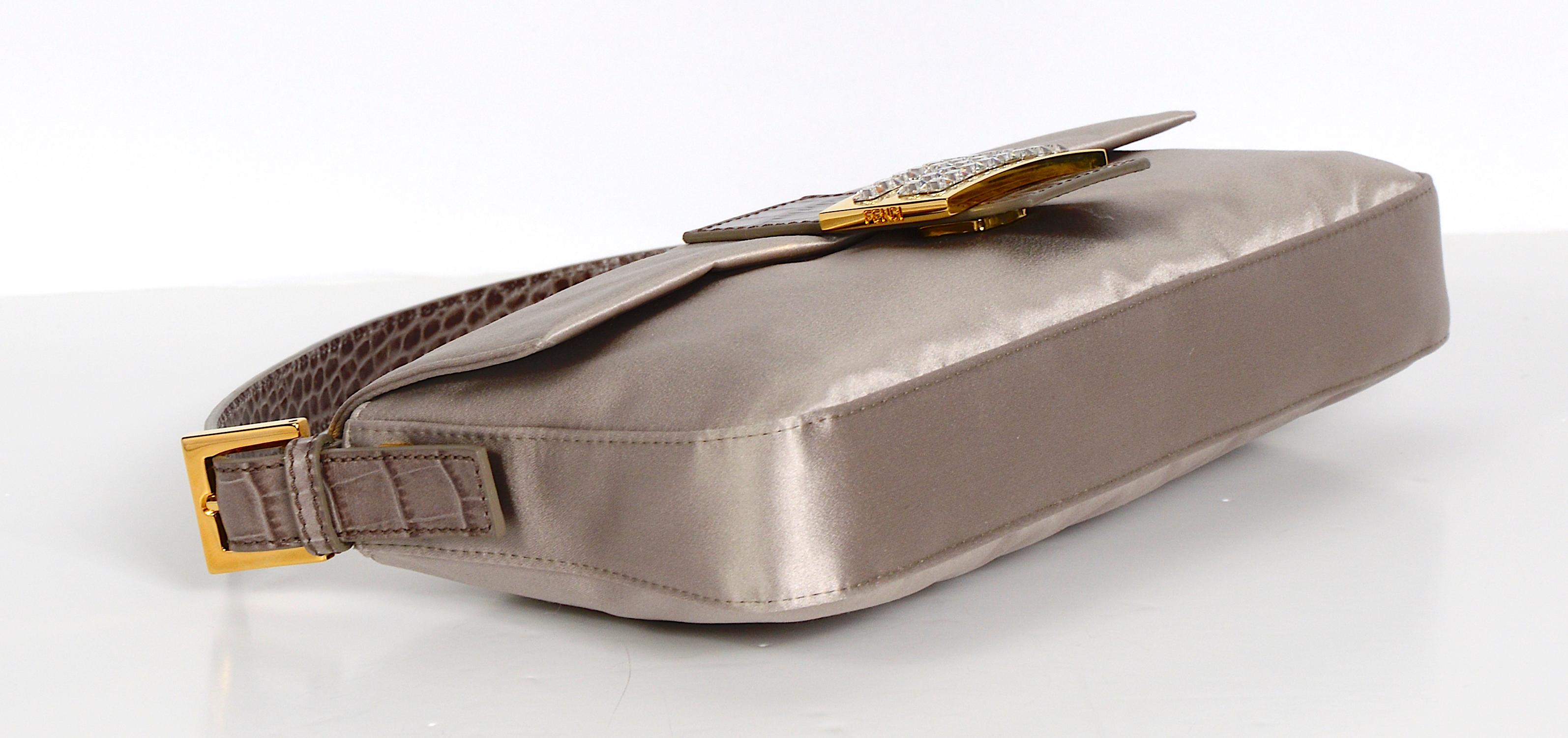 Gold Fendi vintage silver/grey satin gold tone crystal embellished baguette flap bag