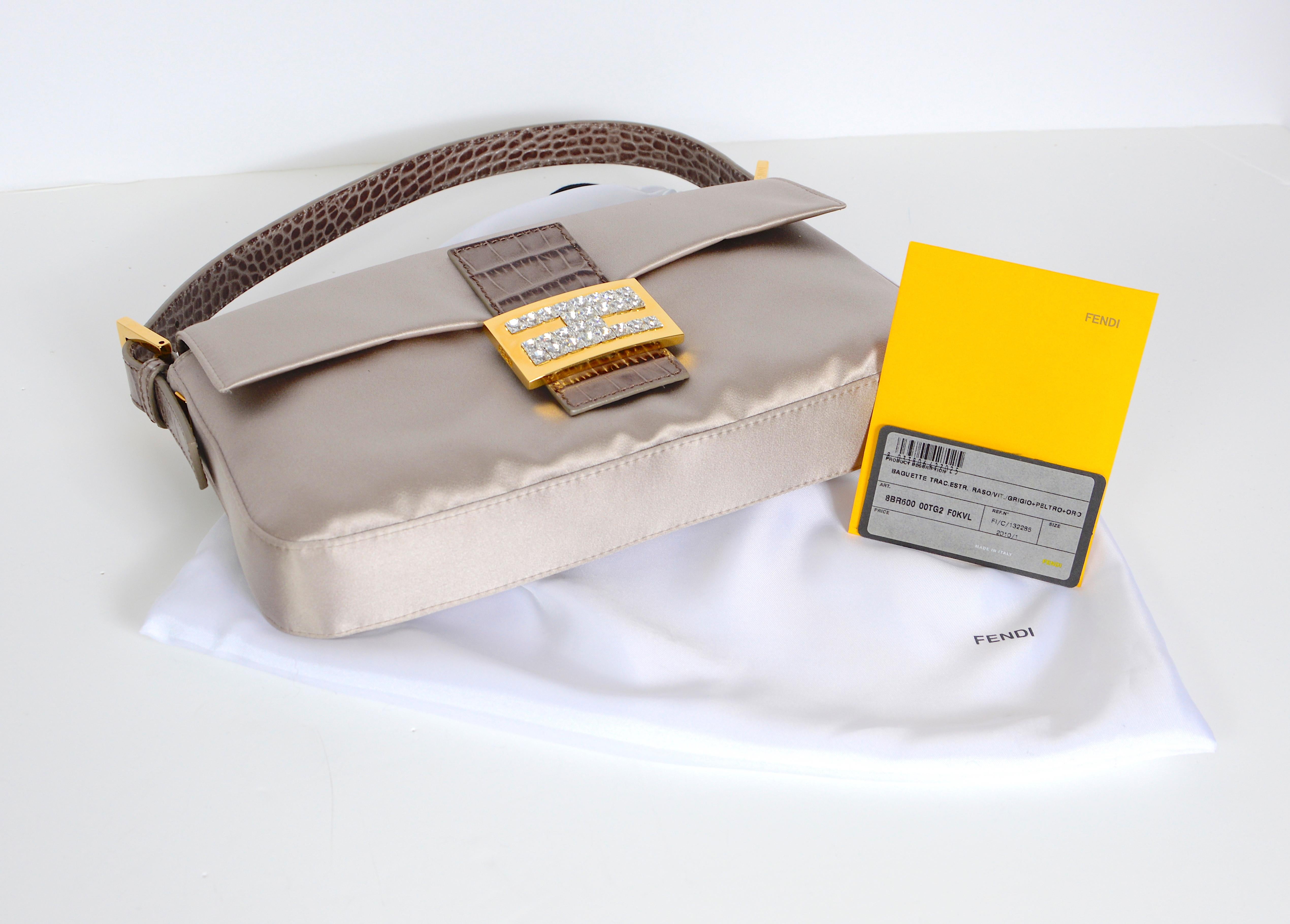 Fendi vintage silver/grey satin gold tone crystal embellished baguette flap bag  1