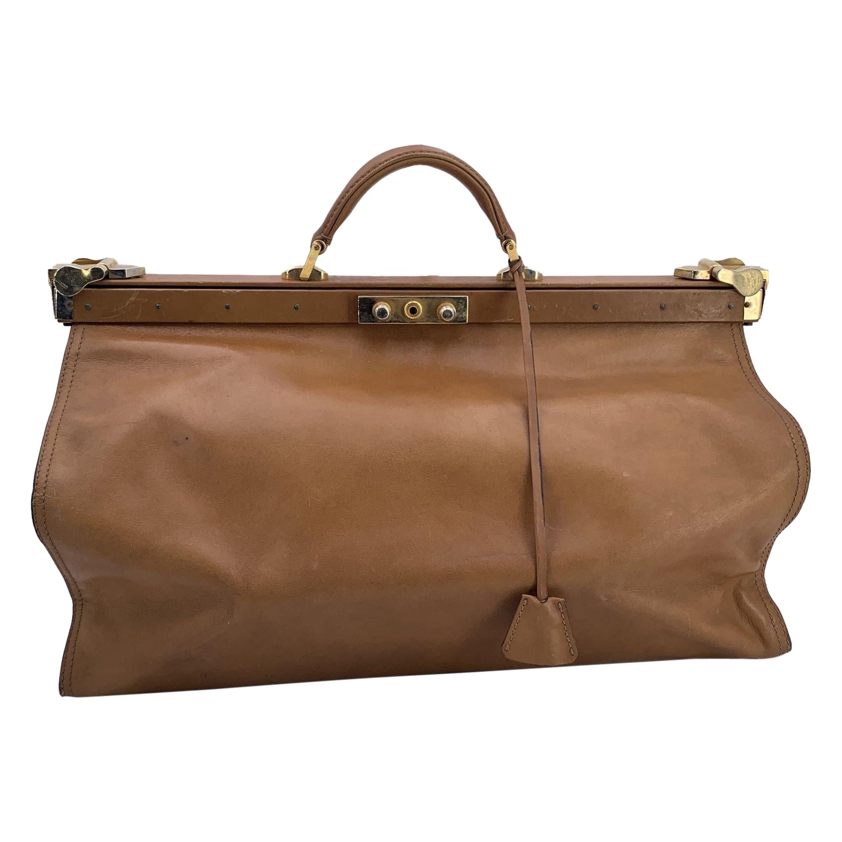 Fendi Vintage Tan Camel Leather Doctor Bag Duffle Travel Bag Handbag