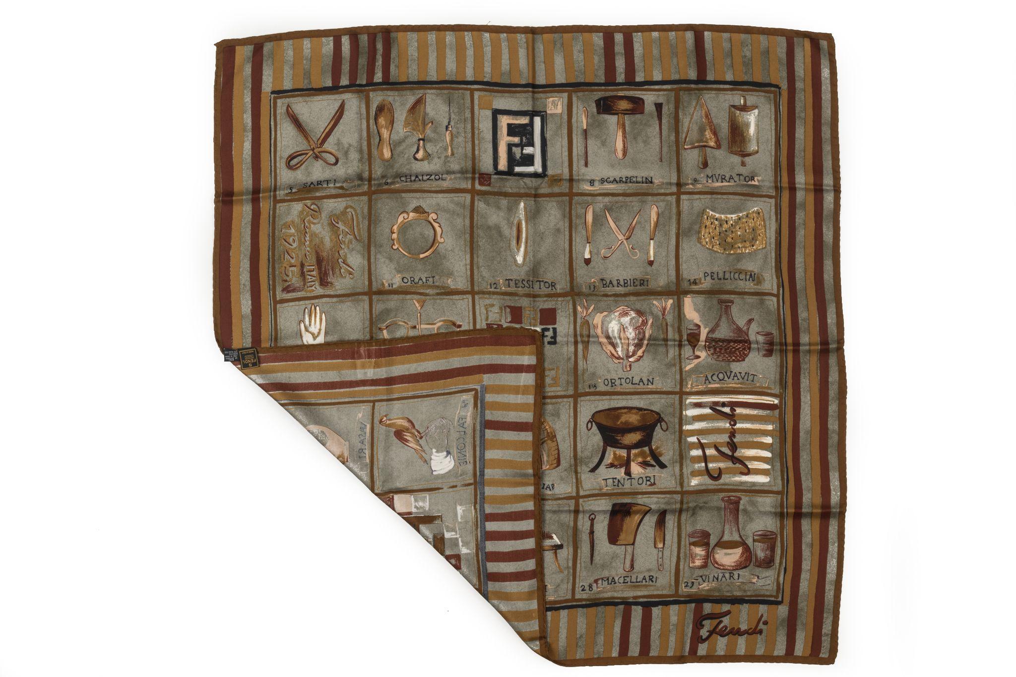 Fendi vintage taupe silk scarf with artisans tools and logo design. Hand rolled edges.