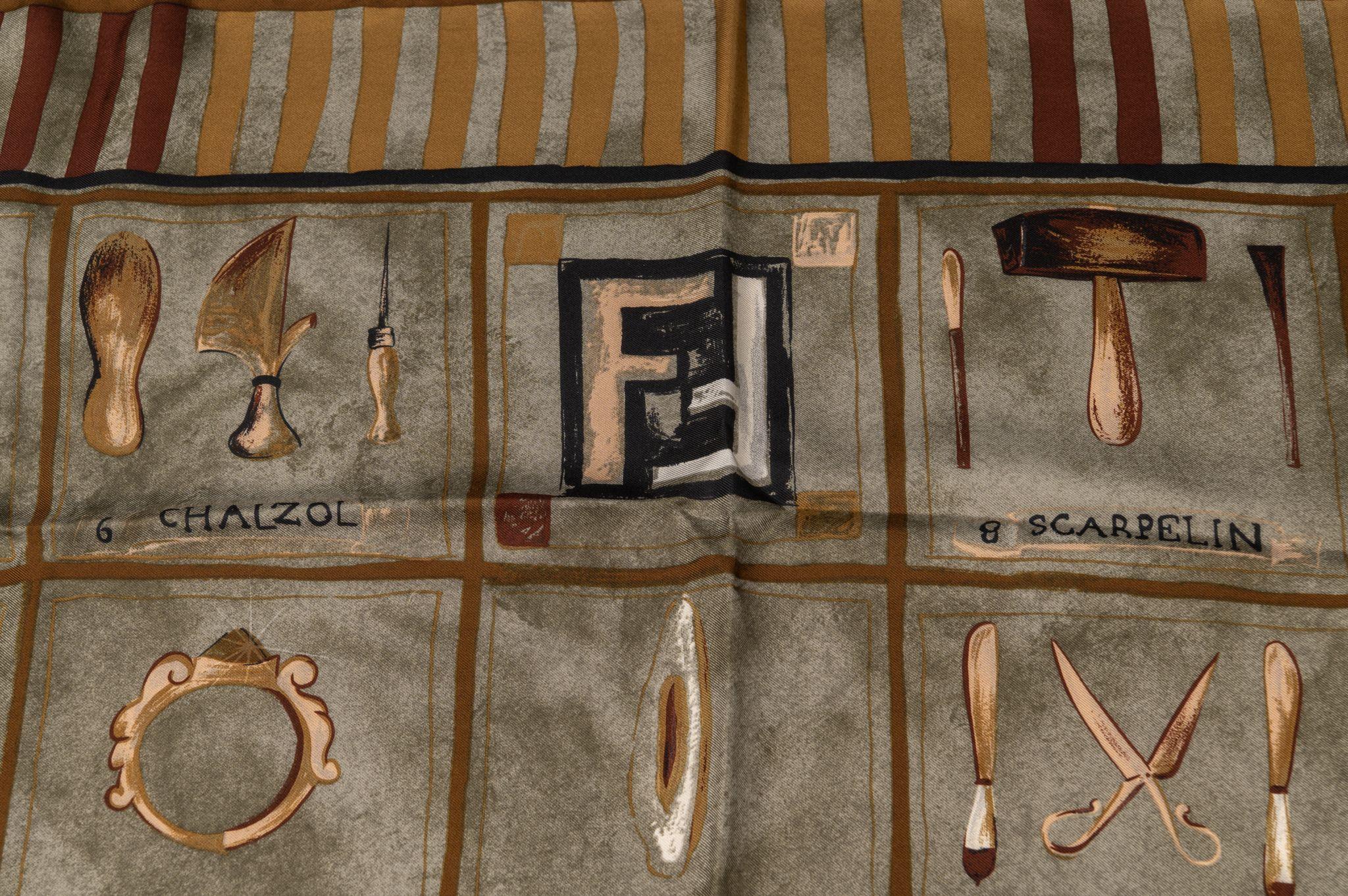 Women's or Men's Fendi Vintage Taupe Tools Silk Scarf For Sale