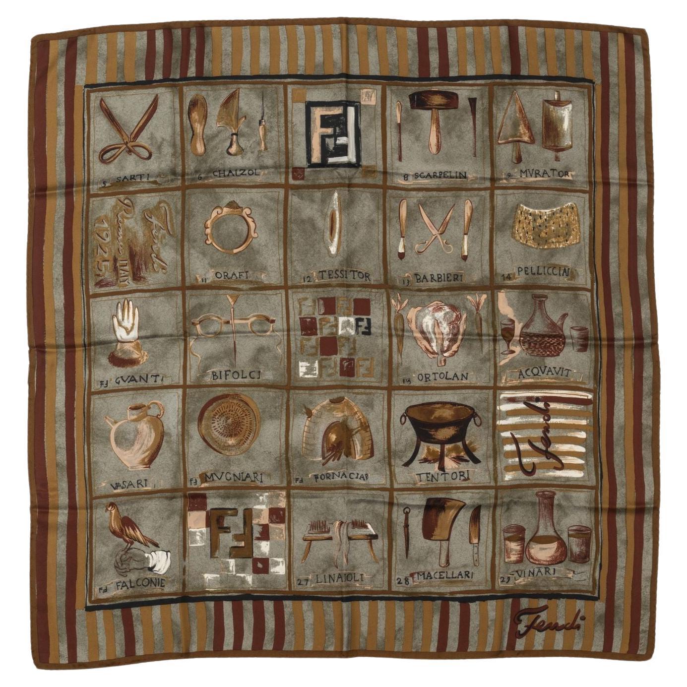 Fendi Vintage Taupe Tools Silk Scarf For Sale