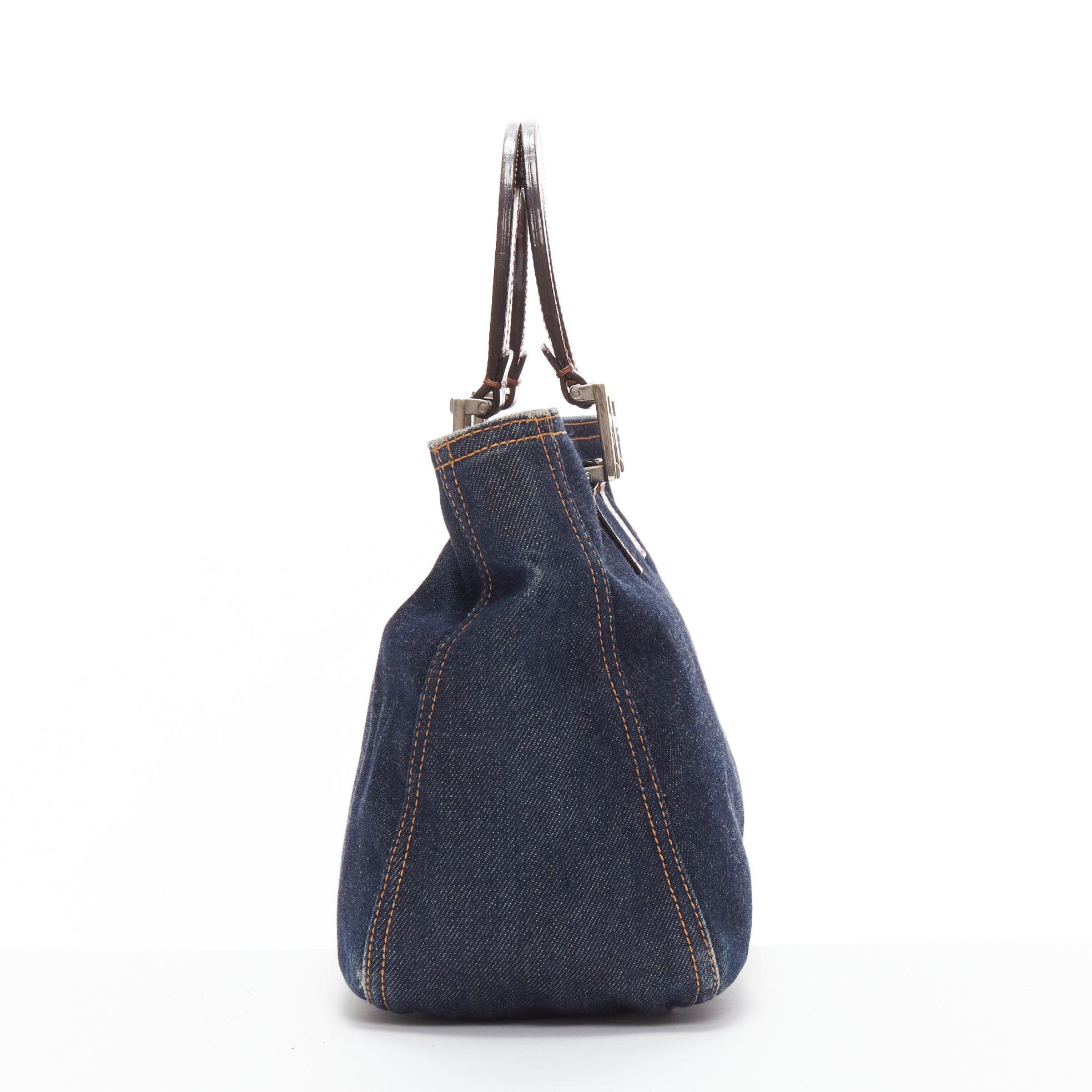 FENDI Vintage Twin dark blue denim FF buckle brown handle bag In Good Condition For Sale In Hong Kong, NT