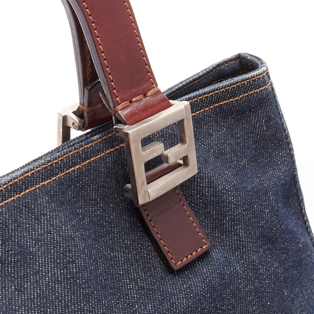 FENDI Vintage Twin dark blue denim FF buckle brown handle bag For Sale 2