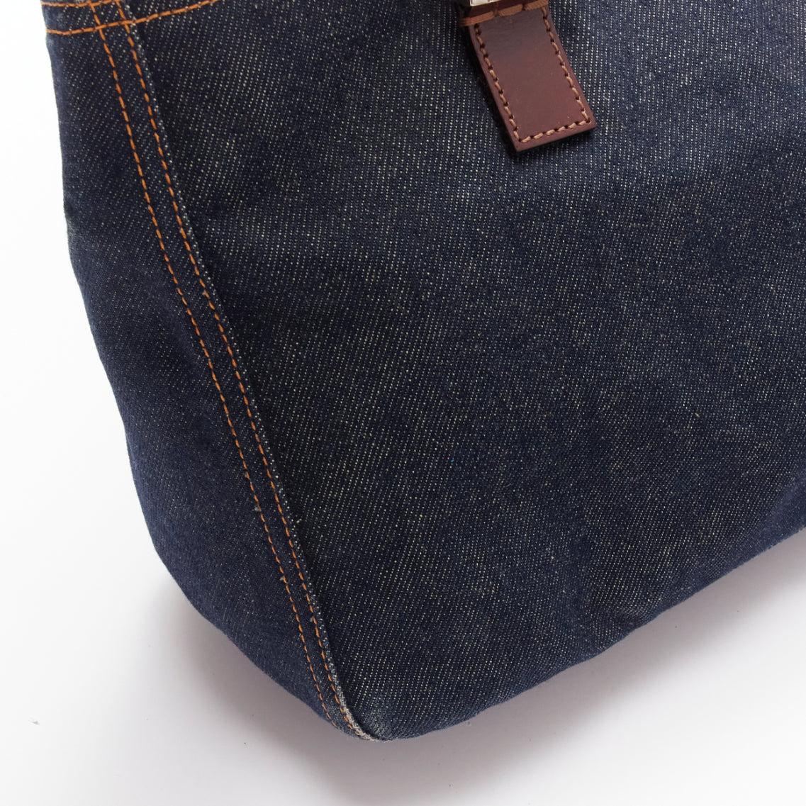 FENDI Vintage Twin dark blue denim FF buckle brown handle bag For Sale 3