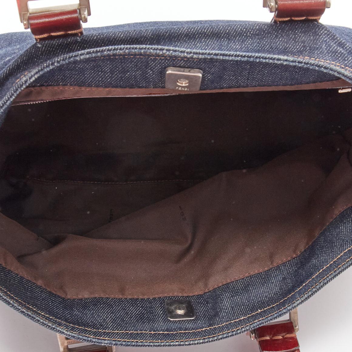 FENDI Vintage Twin dark blue denim FF buckle brown handle bag For Sale 4