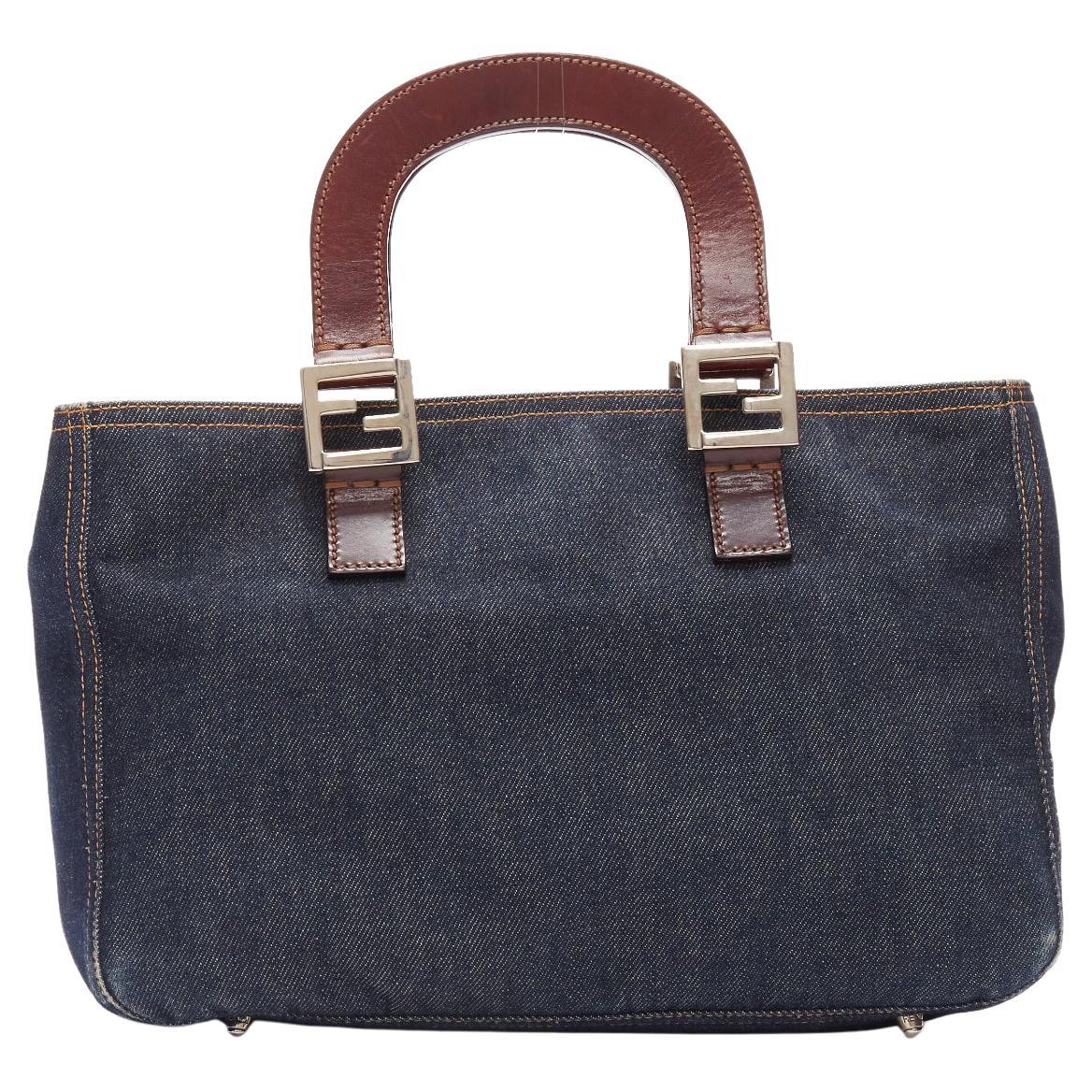 FENDI Vintage Twin dark blue denim FF buckle brown handle bag For Sale