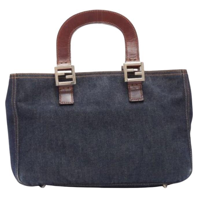 FENDI Vintage Twin dark blue denim FF buckle brown handle bag