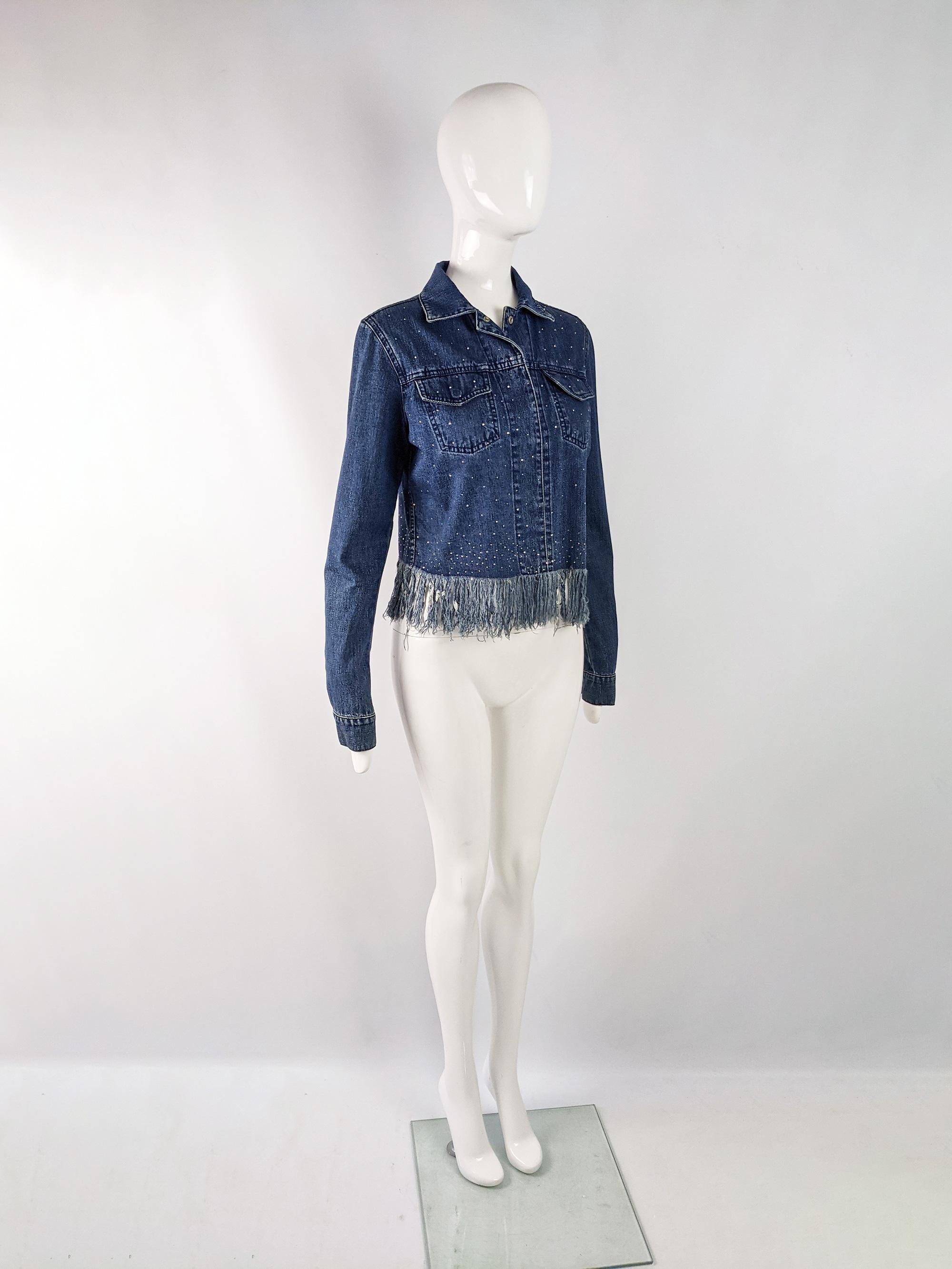 Fendi Vintage Womens Crystal Beaded & Fringed Denim Jacket, 2000s In Good Condition For Sale In Doncaster, South Yorkshire