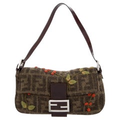 Fendi Vintage Wool Crochet Floral Brown Zucca Baguette Bag