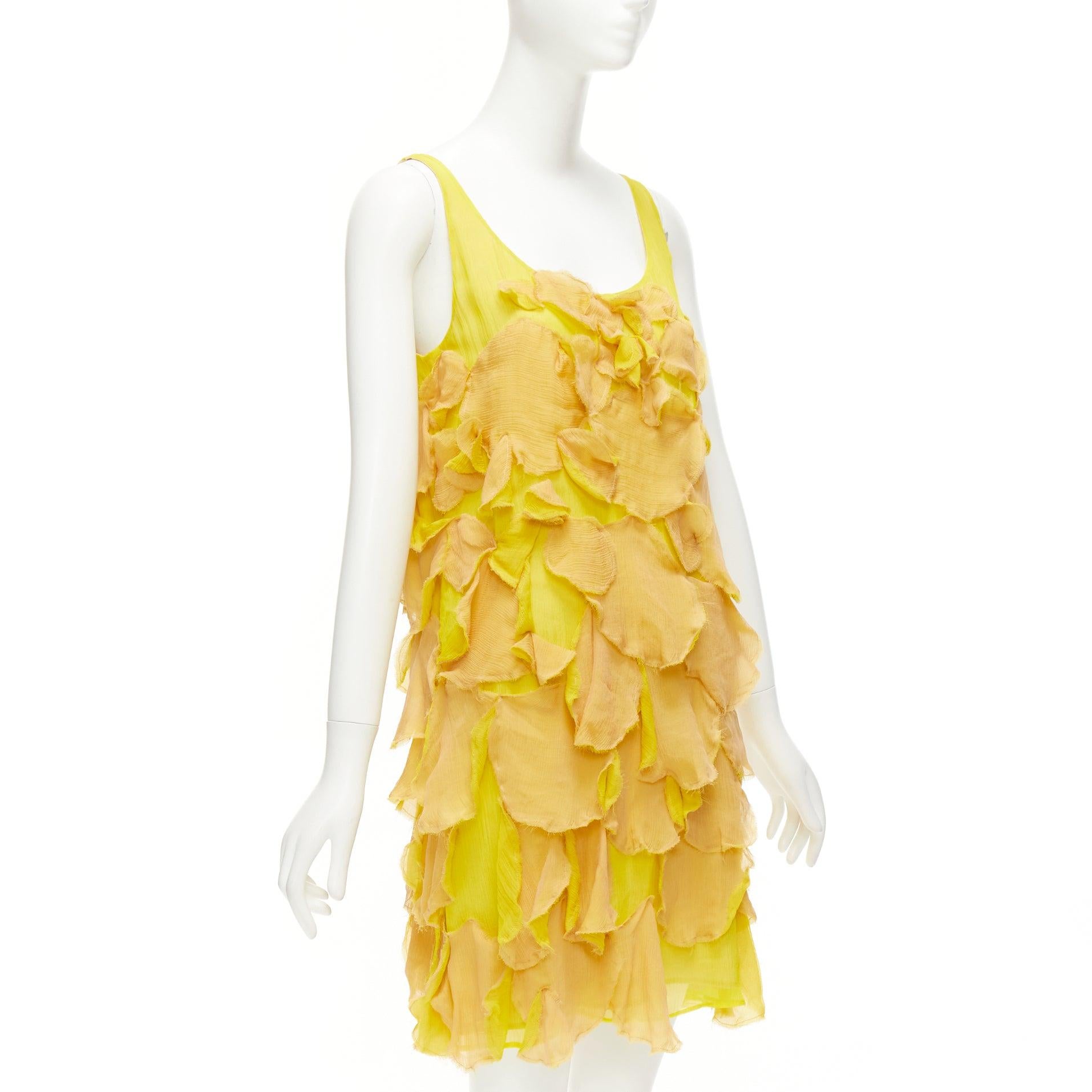 FENDI Vintage yellow nude 100% silk overlay flower petal mini dress IT44 L In Excellent Condition For Sale In Hong Kong, NT