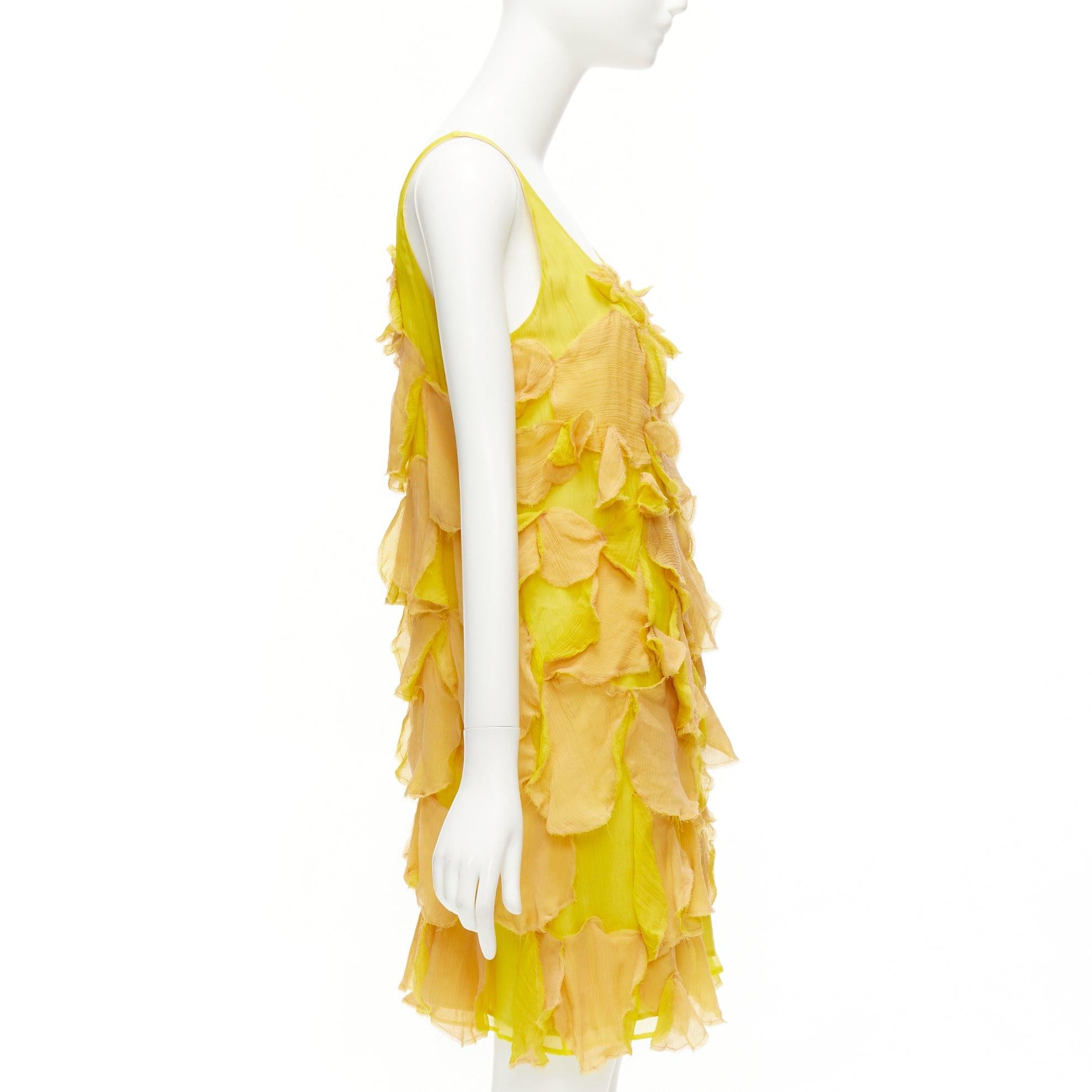 FENDI Vintage yellow nude 100% silk overlay flower petal mini dress IT44 L In Excellent Condition For Sale In Hong Kong, NT
