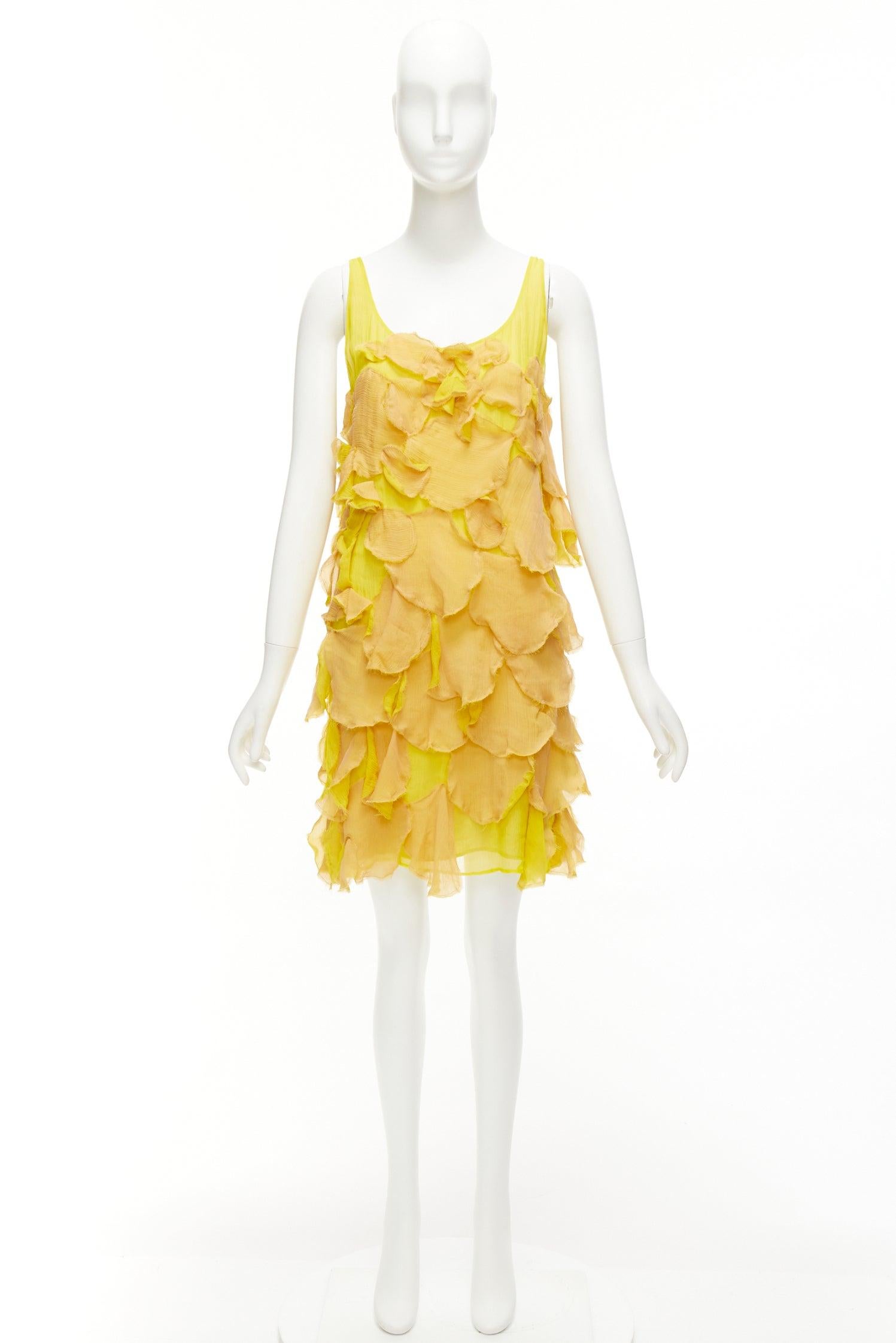 FENDI Vintage yellow nude 100% silk overlay flower petal mini dress IT44 L For Sale 4