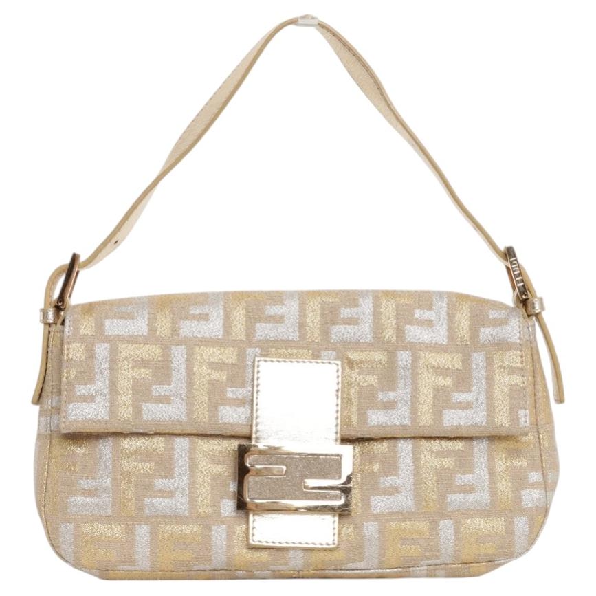 Borsa Fendi Vintage Zucca Baguette in lurex dorato e argentato con tracolla in pelle dorata