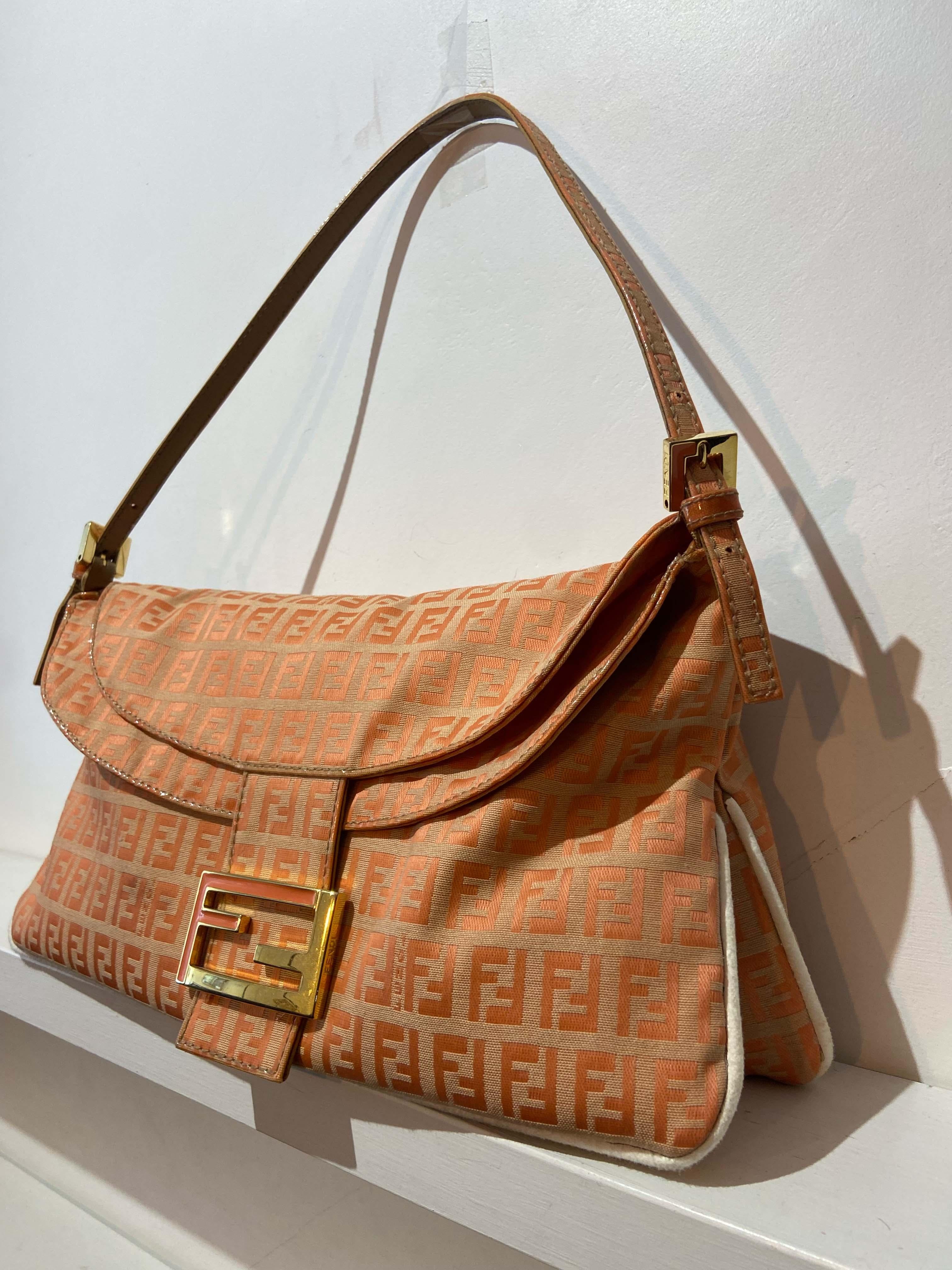 Orange Fendi Vintage Zucca Print Pink Salmon Baguette Bag For Sale