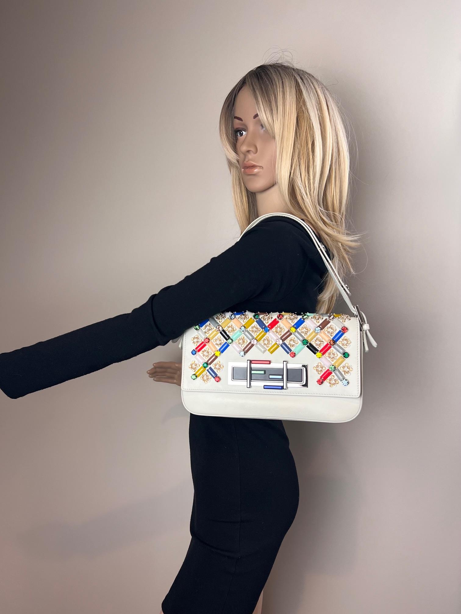 Fendi Vitello Dolce Crystal Baguette Shoulder Bag White Multicolor 6