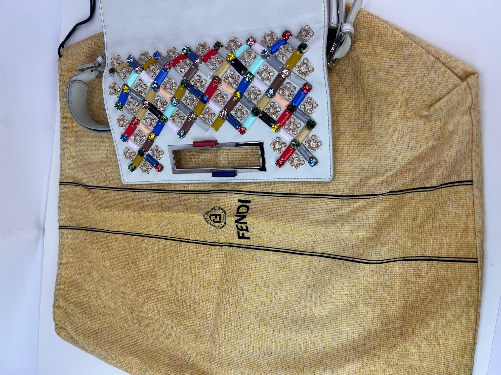 Fendi Vitello Dolce Crystal Baguette Shoulder Bag White Multicolor 7