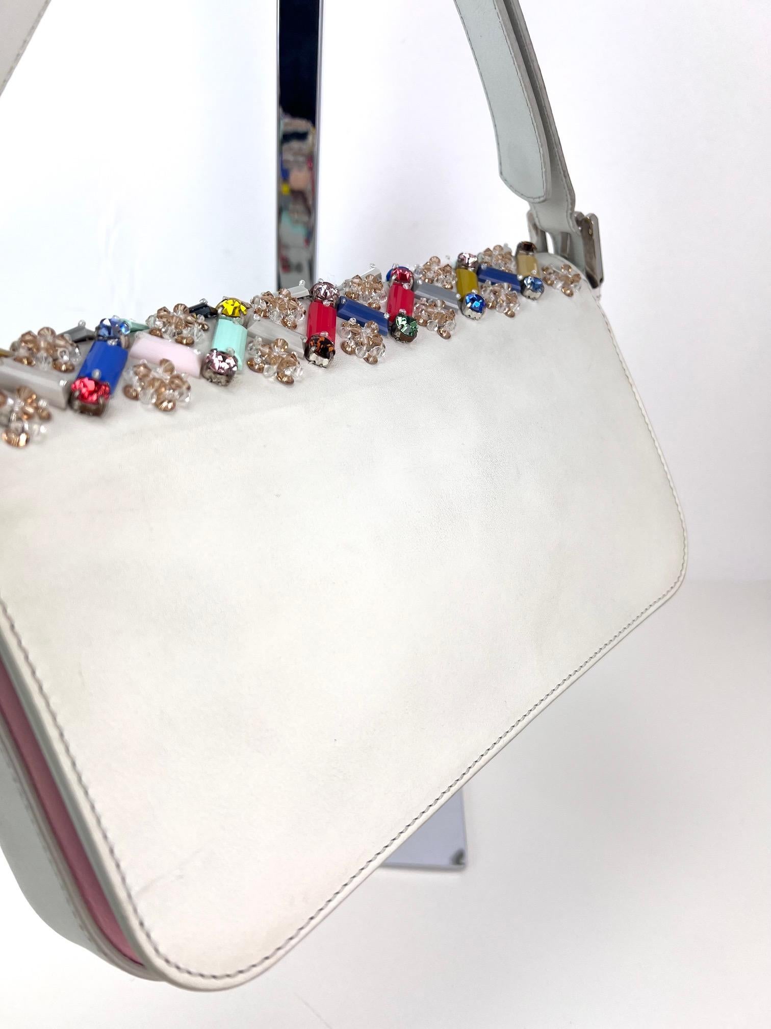 Fendi Vitello Dolce Crystal Baguette Shoulder Bag White Multicolor 10
