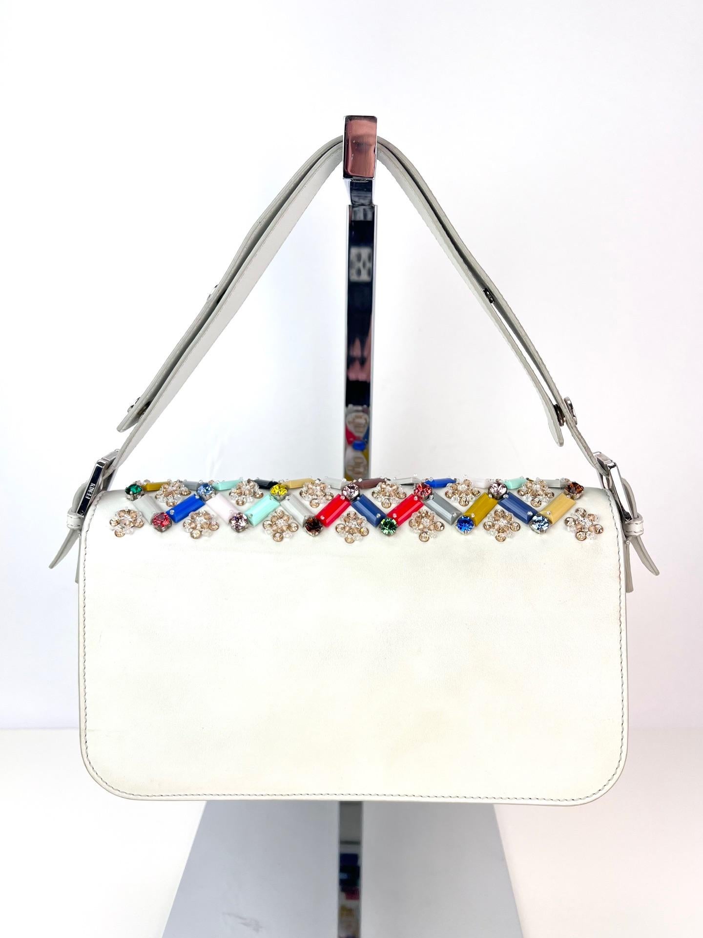 Fendi Vitello Dolce Crystal Baguette Shoulder Bag White Multicolor 11