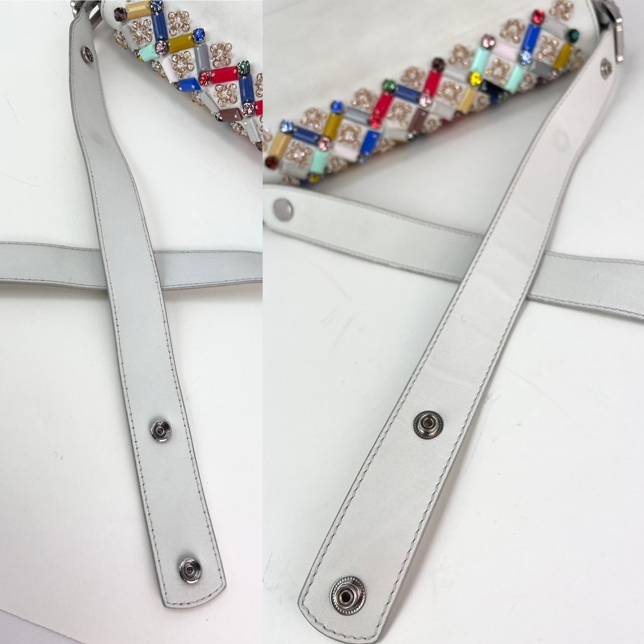 Pre-Owned  100% Authentic
Fendi Vitello Dolce Crystal Baguette Shoulder Bag White Multicolor
RATING B  Very Good, well maintained 
shows minor signs of wear
MATERIAL smooth calfskin leather, multicolor crystals
STRAP adjustable has 2 settings
