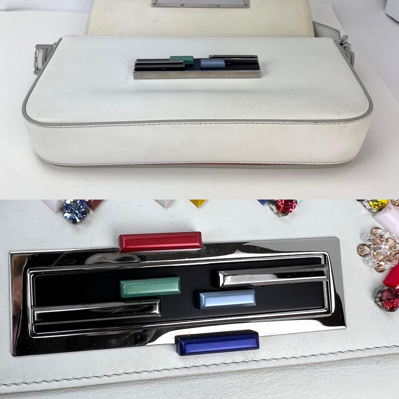 Fendi Vitello Dolce Crystal Baguette Shoulder Bag White Multicolor 1